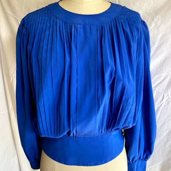 Vintage Royal Blue Pleated Blouse Gold Buttons - Picture 1 of 10